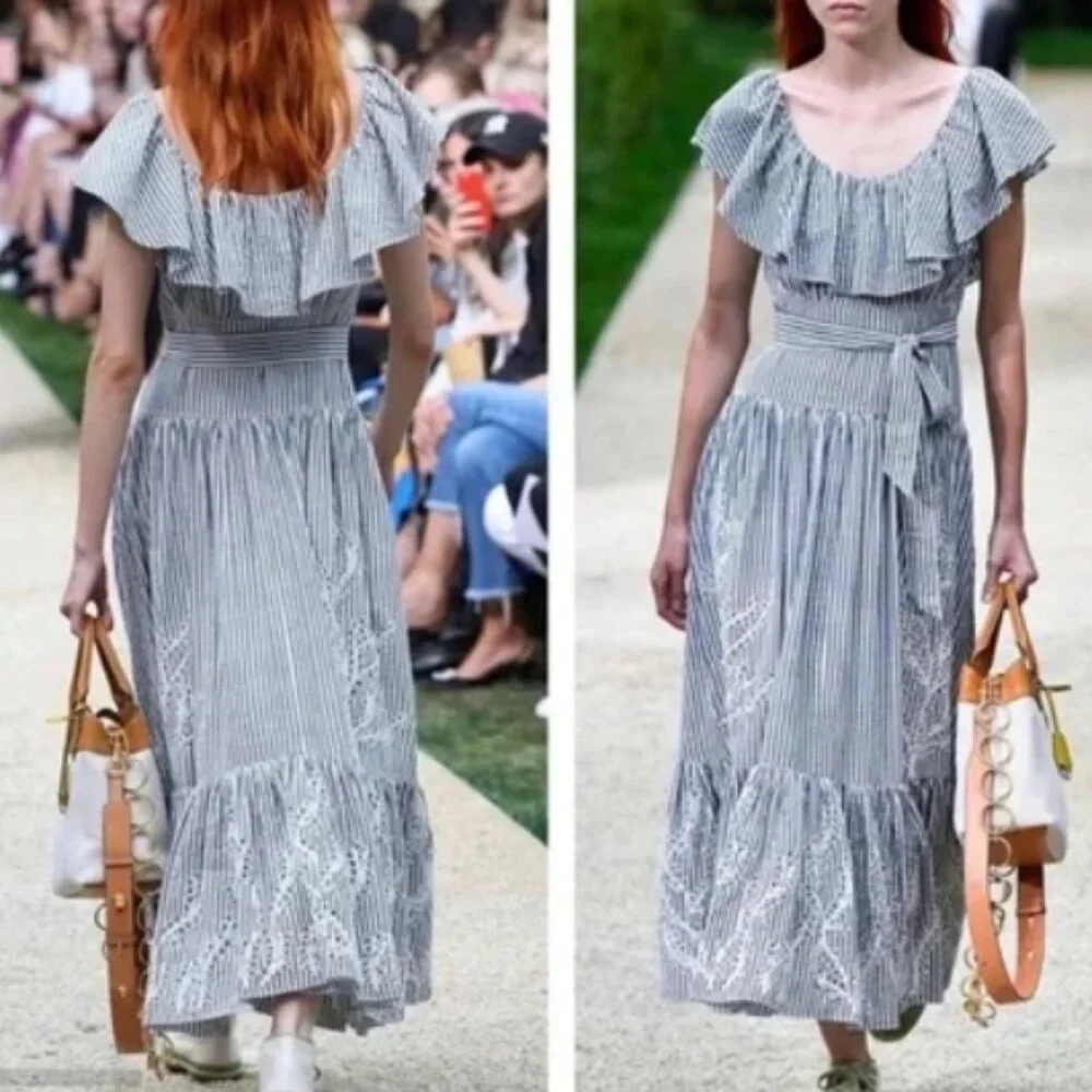 NWOT Tory Burch Summer 2019 Runway Stripe Eyelet Embroidered Maxi Dress S $548